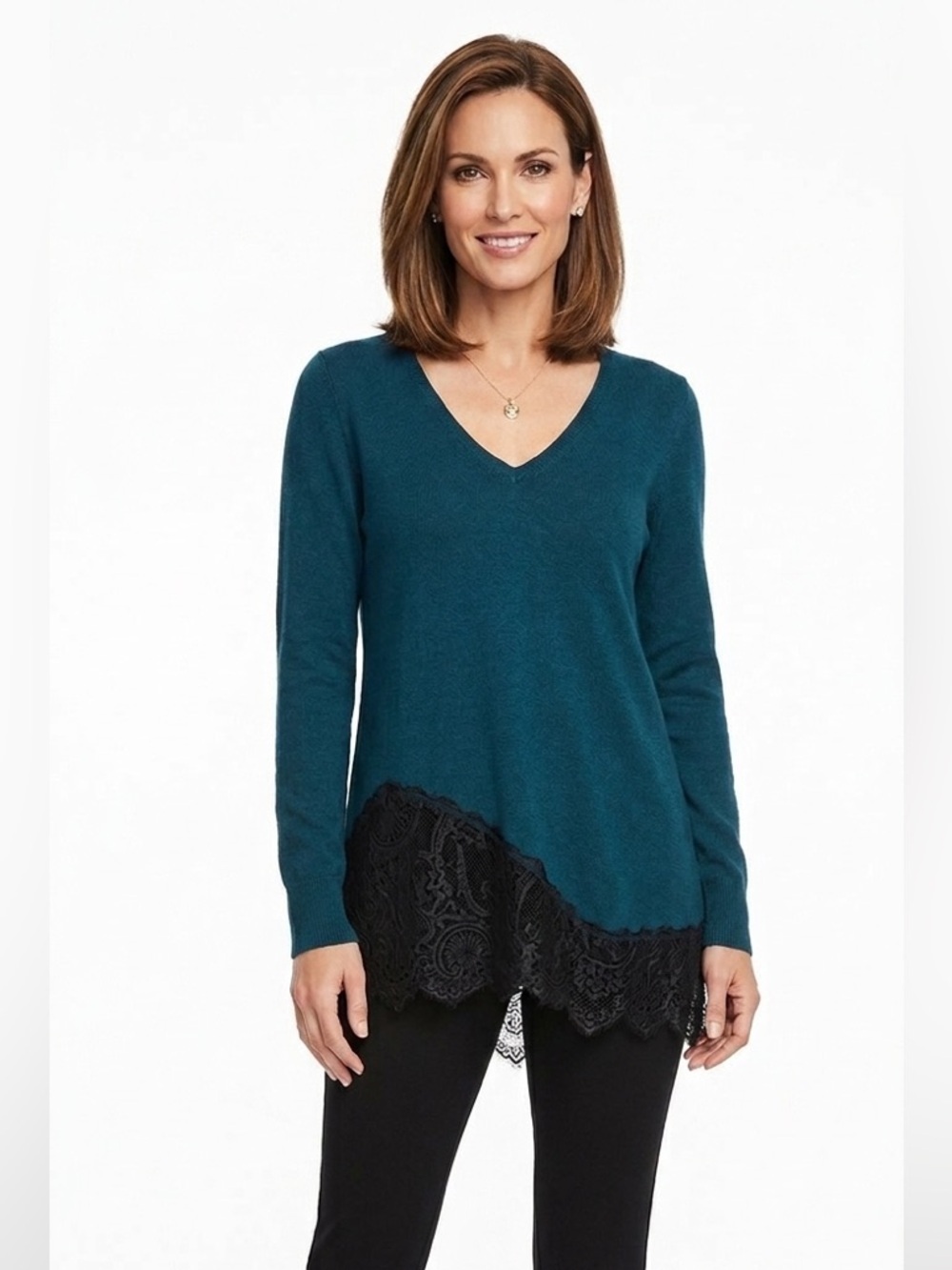 Chico's Teal V-Neck Long Sleeve sweater Top with Black Lace Hem Large